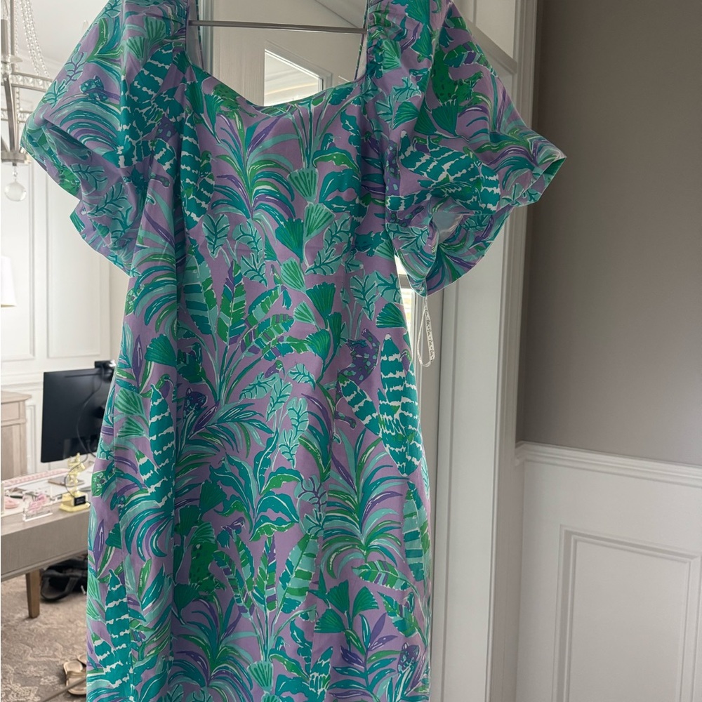 Lilly Pulitzer Purple Turquoise Floral Puff-Sleeve Dress - Picture 4 of 7